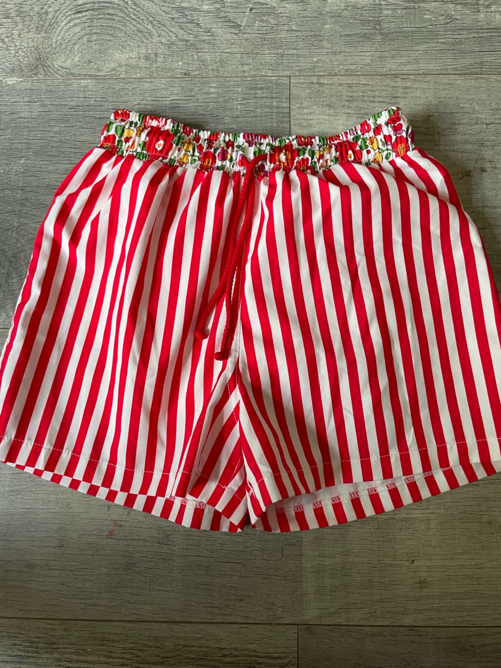 Sal & Pimenta Boys Boutique Swim Trunks Size 8 Red White Stripe Floral Waistband